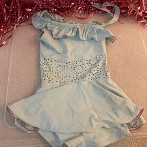 Blue Girls Swimsuit With Ruffled Sleeves and Skort (10)